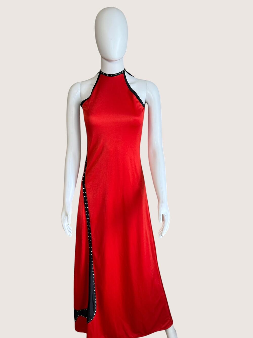Vintage Red Halter Open Back Maxi Dress Studded Trim